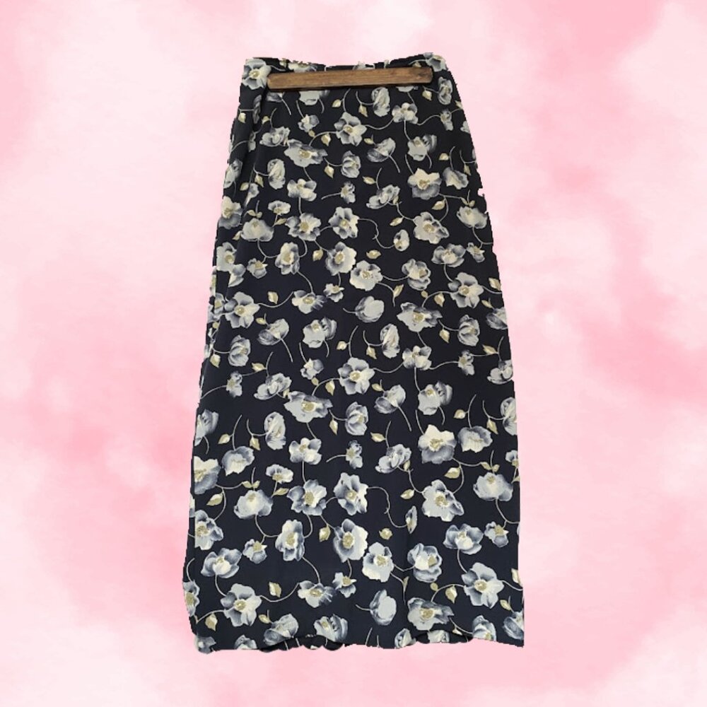 Vintage 90s Grunge Beechers Brook Blue Floral Midi Skirt with a slit